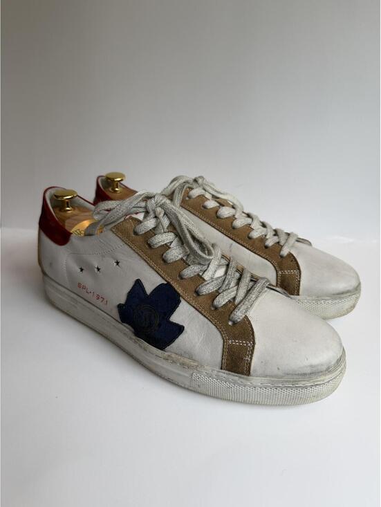 Other - SEPOL White Leather Sneakers with Red and Blue Accents